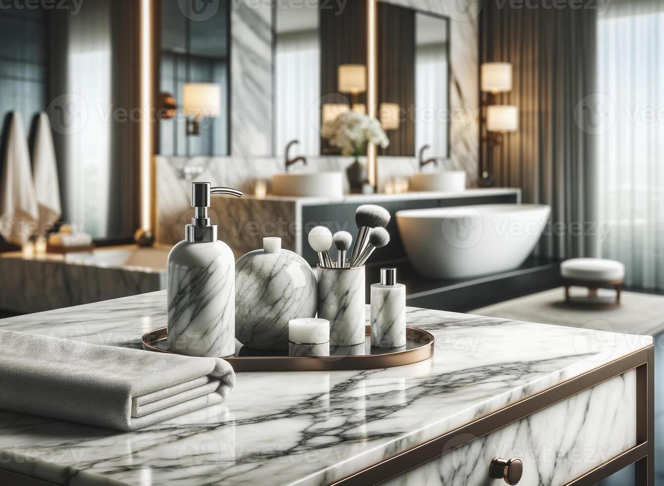 AI Generated White marble tabletop with a bath accessories set, providing a perfect space for product display or montage. The tabletop is in sharp focus, highlight photo