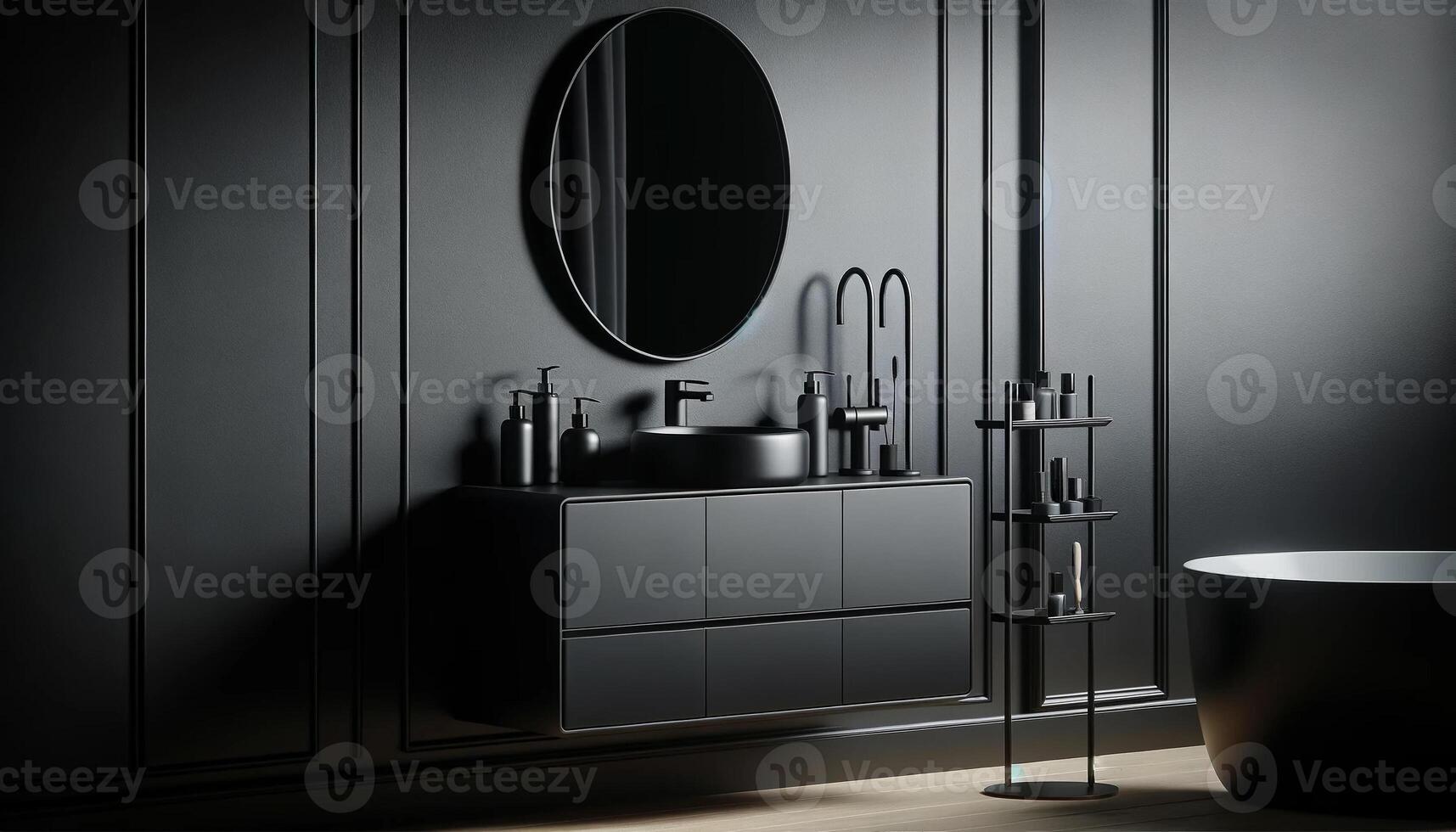 AI Generated Close-up view of modern black bathroom furniture hanging on a dark wall. The furniture includes accessories and an oval mirror photo