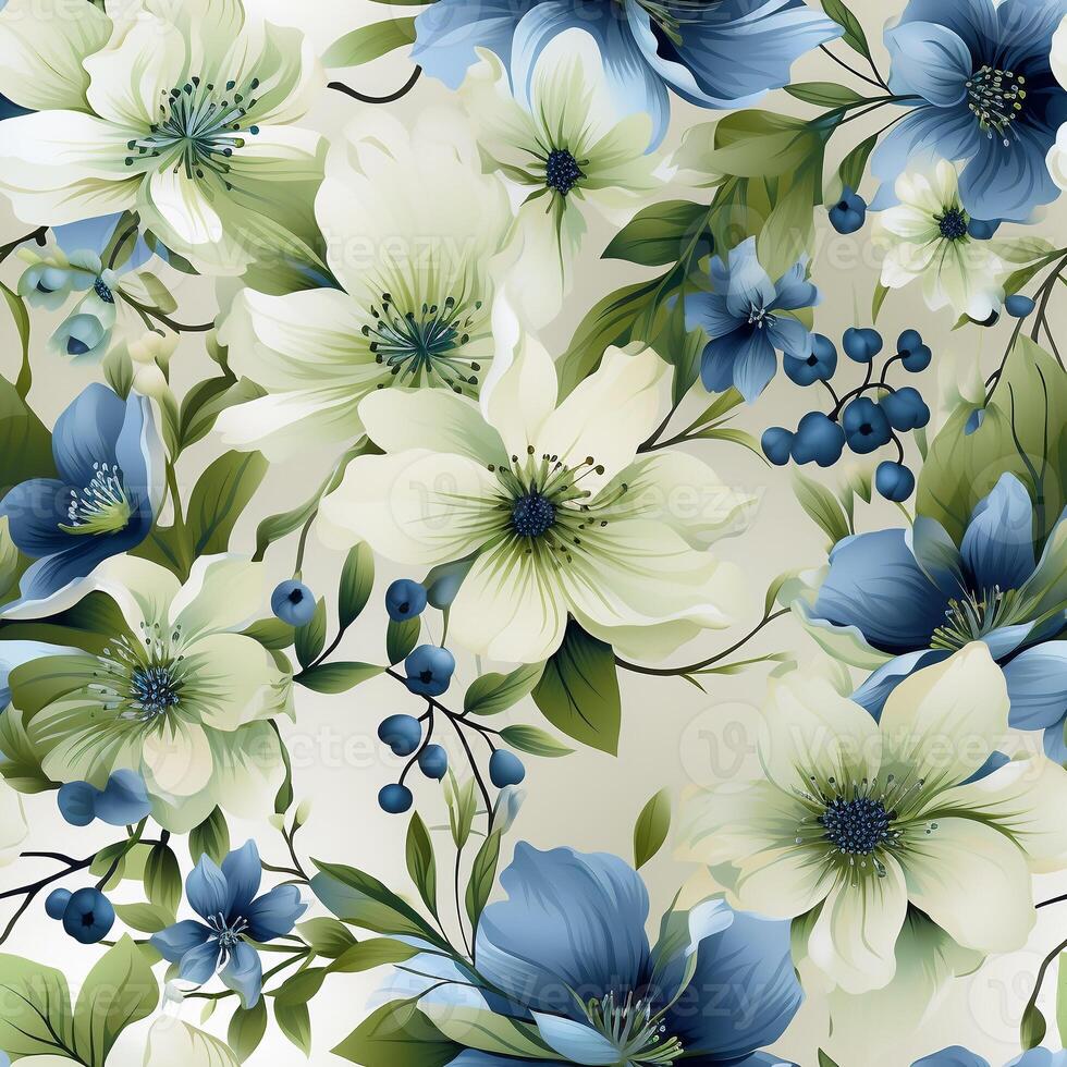 AI Generated Seamless pattern tile background flowers and floral leaves plants photo