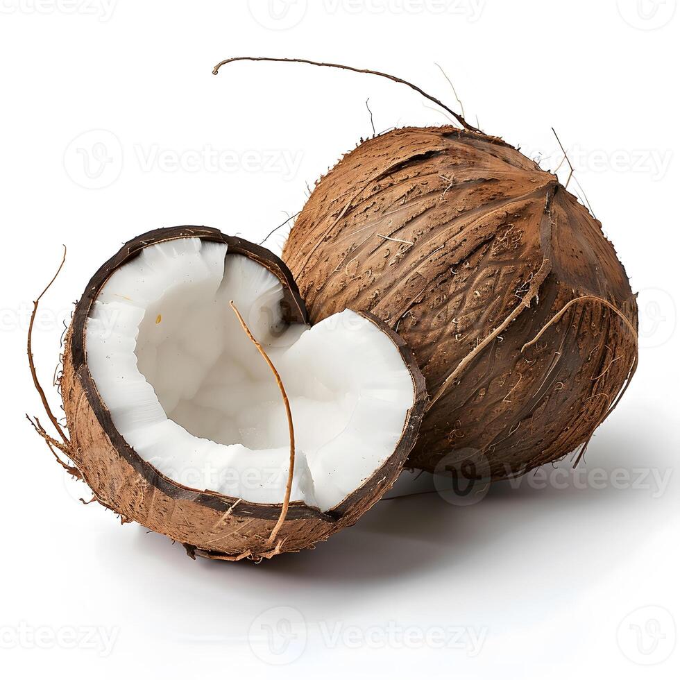 AI Generated Coconut halved on white background natural food ingredient photo