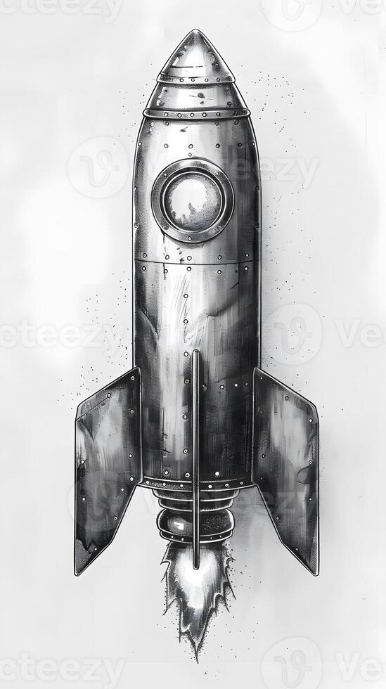 AI Generated Monochrome drawing of a rocket on white background photo