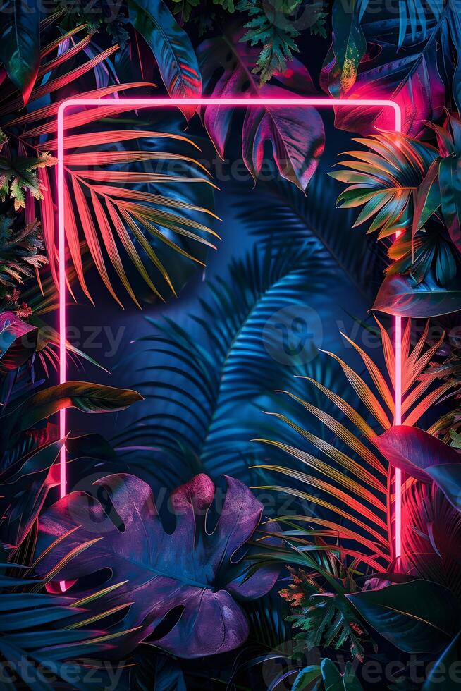 AI Generated a neon sign is surrounded by tropical leaves and flowers photo