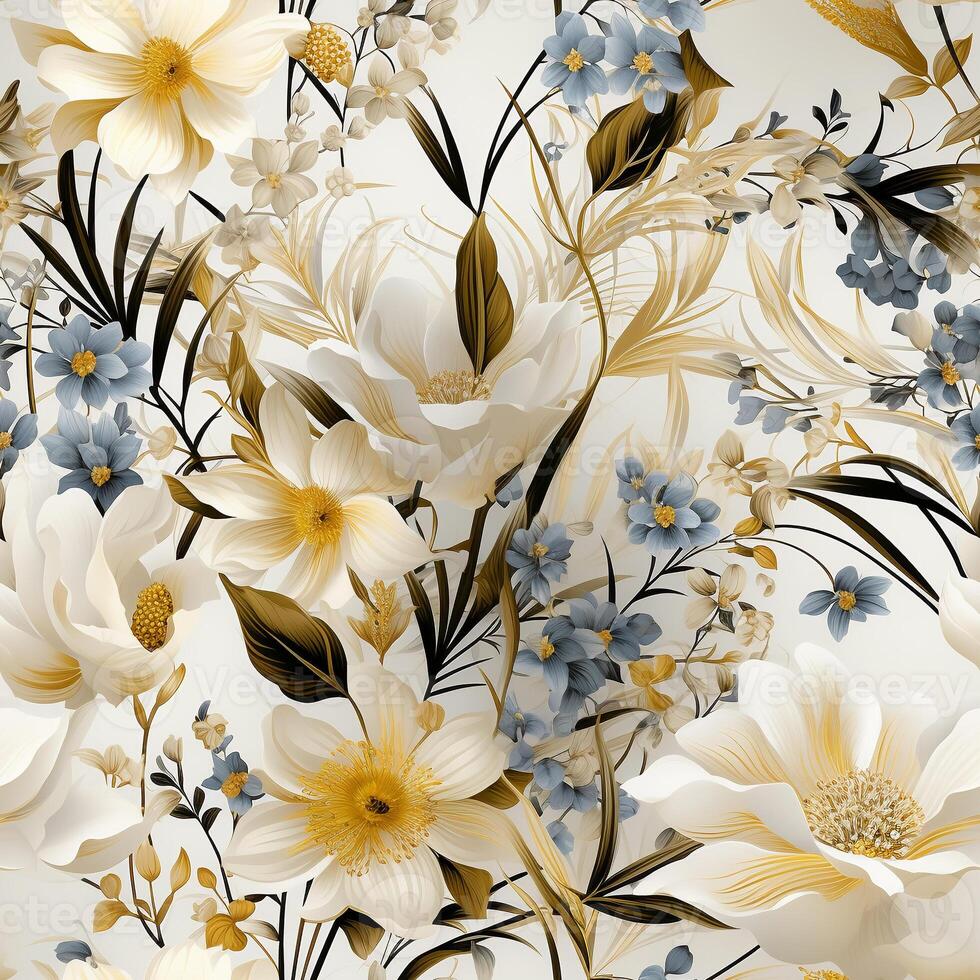 AI Generated Seamless pattern tile background flowers and floral leaves plants photo