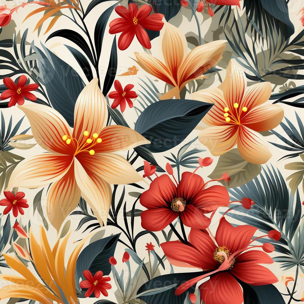 AI Generated Seamless pattern tile background flowers and floral leaves plants photo