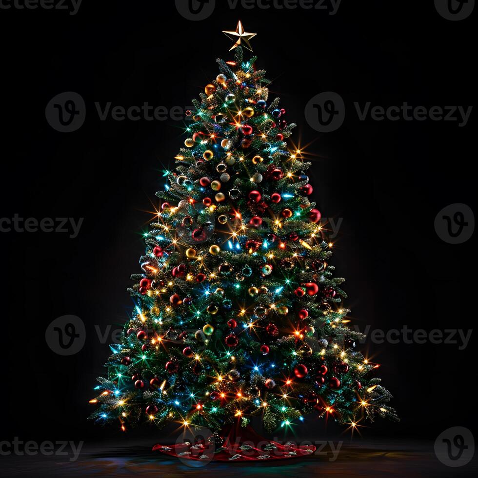 AI Generated Festive evergreen adorned with ornaments, topped with a star for Christmas photo