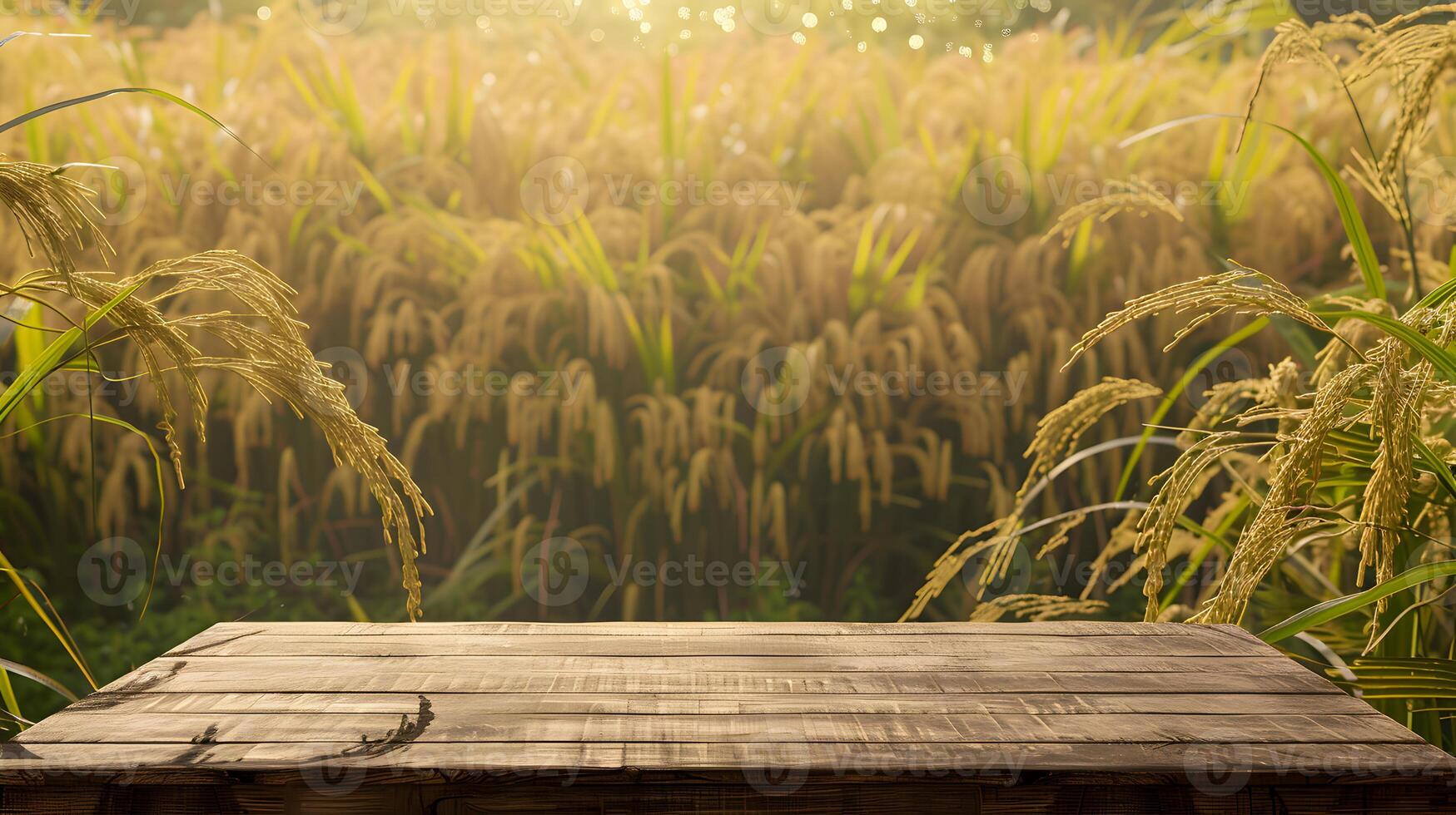 AI Generated Wooden table in front, rice field behind, natural landscape photo