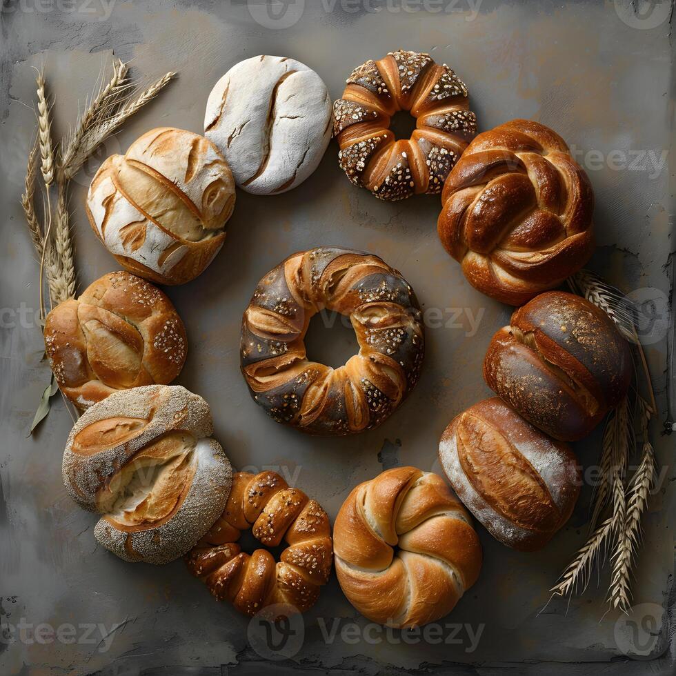 AI Generated A variety of bread types are displayed in a circular arrangement photo