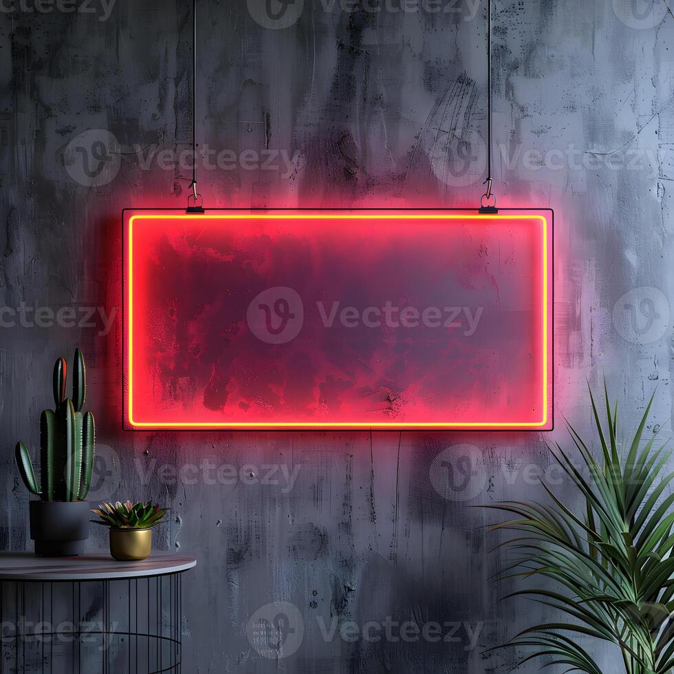 AI Generated Red neon sign in rectangle font hangs on wall in room photo