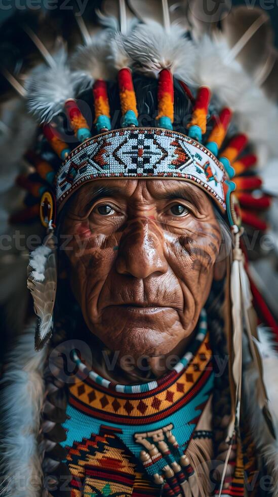 AI Generated a close up of a man wearing a native american headdress photo