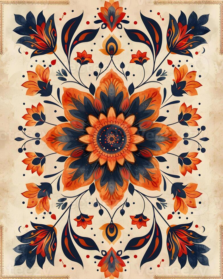 AI Generated A vibrant floral motif with a central flower on a textile or floor design photo