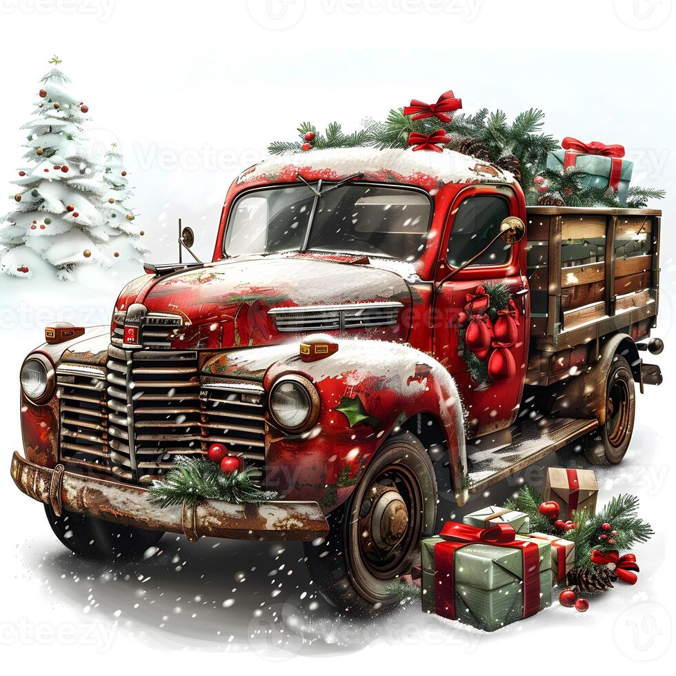 AI Generated Red truck adorned with holiday decorations and presents photo