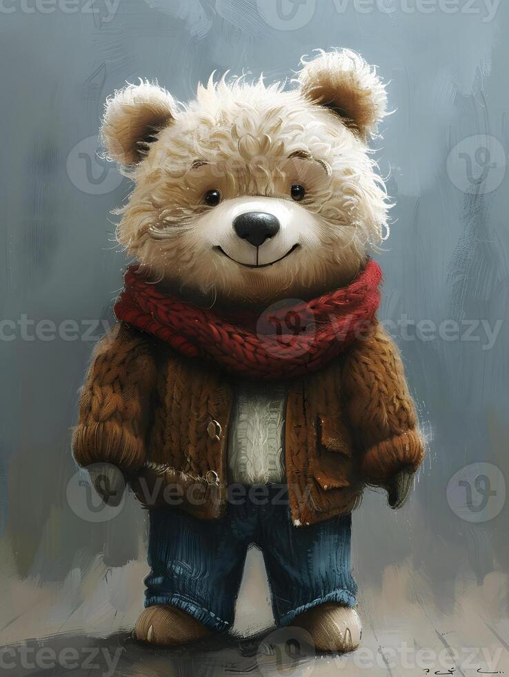 AI Generated Happy Teddy bear toy with jacket and scarf on wooden floor photo