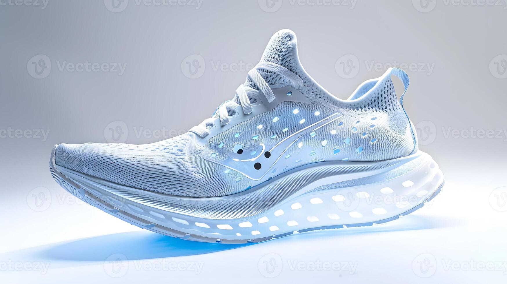 AI Generated Athletic shoe in electric blue on white surface in carmine pattern photo
