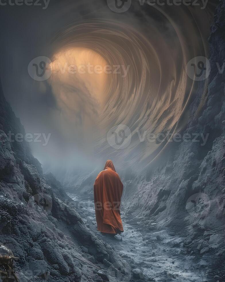 AI Generated a man in an orange robe is walking through a tunnel in the mountains photo