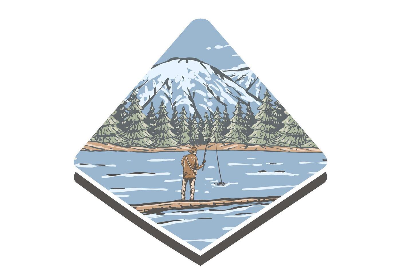Clásico ilustración de un hombre pescar en el lago con bosque y montaña ver vector
