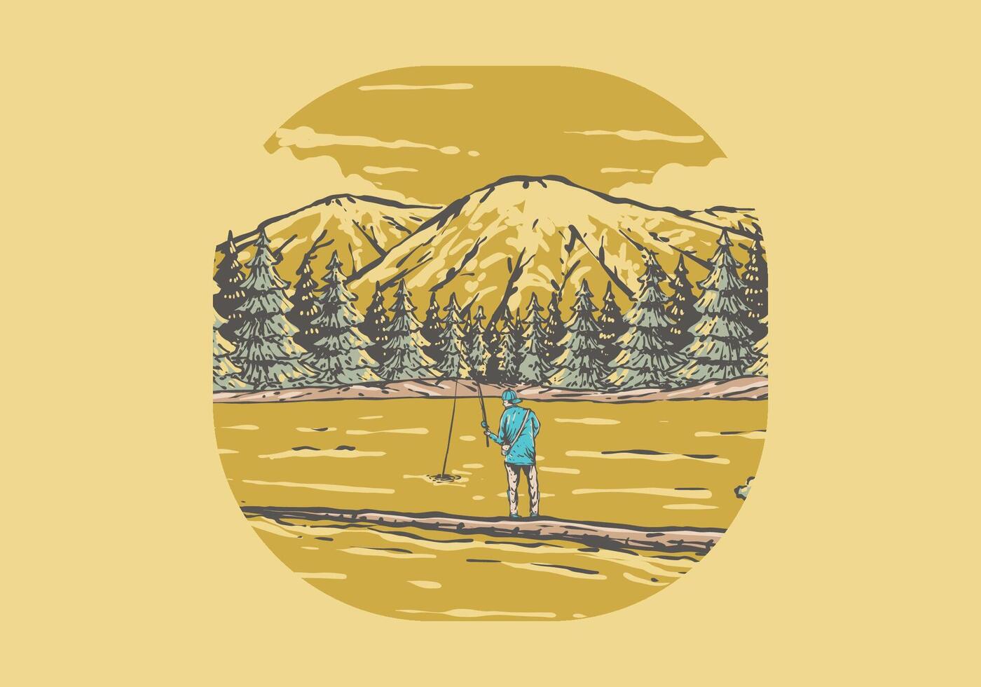 Clásico ilustración de un hombre pescar en el lago con bosque y montaña ver vector