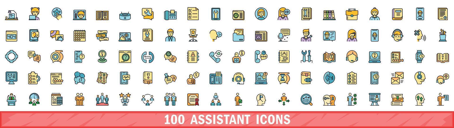 100 assistant icons set, color line style vector
