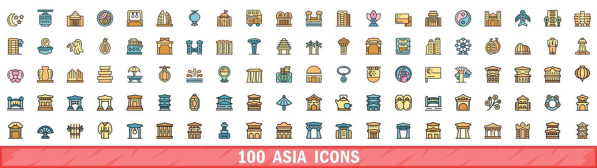 100 asia icons set, color line style vector