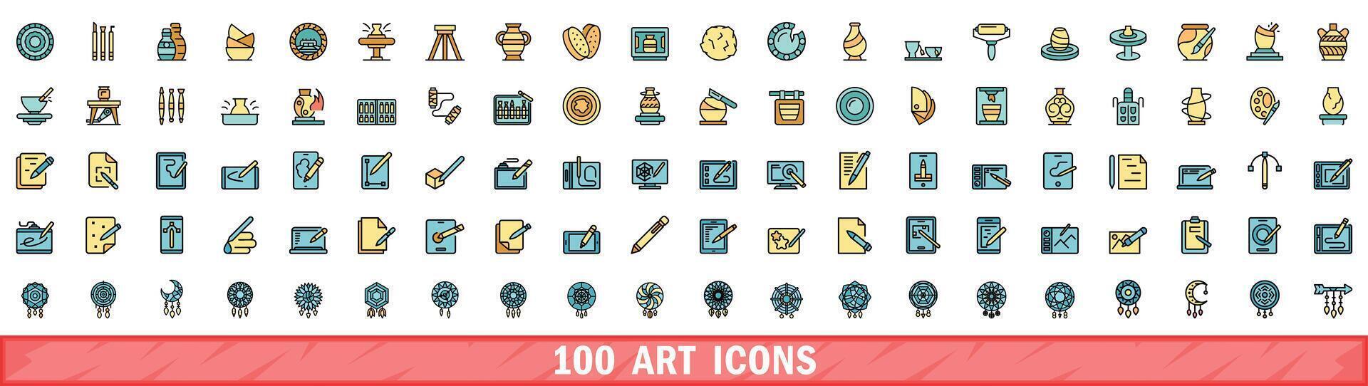 100 art icons set, color line style vector