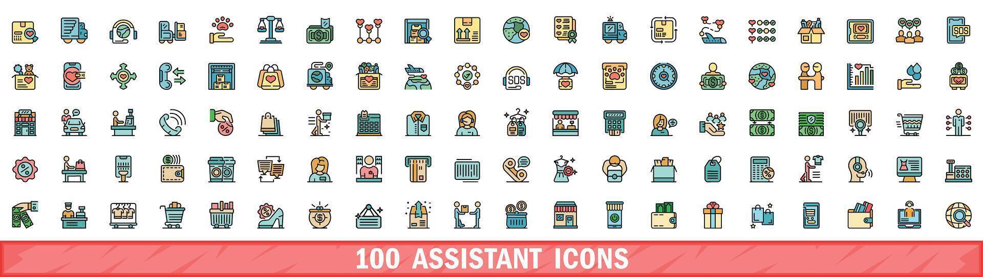 100 assistant icons set, color line style vector