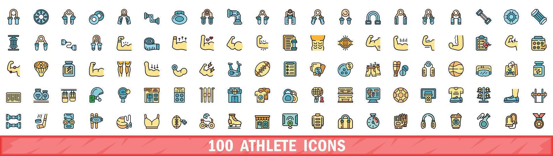 100 athlete icons set, color line style vector