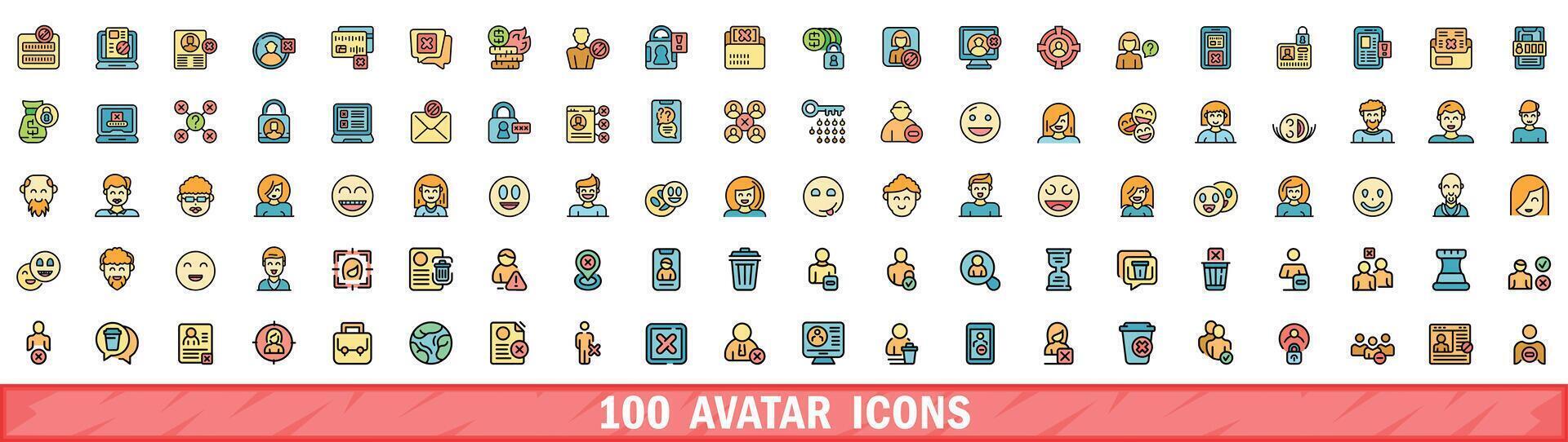 100 avatar icons set, color line style vector