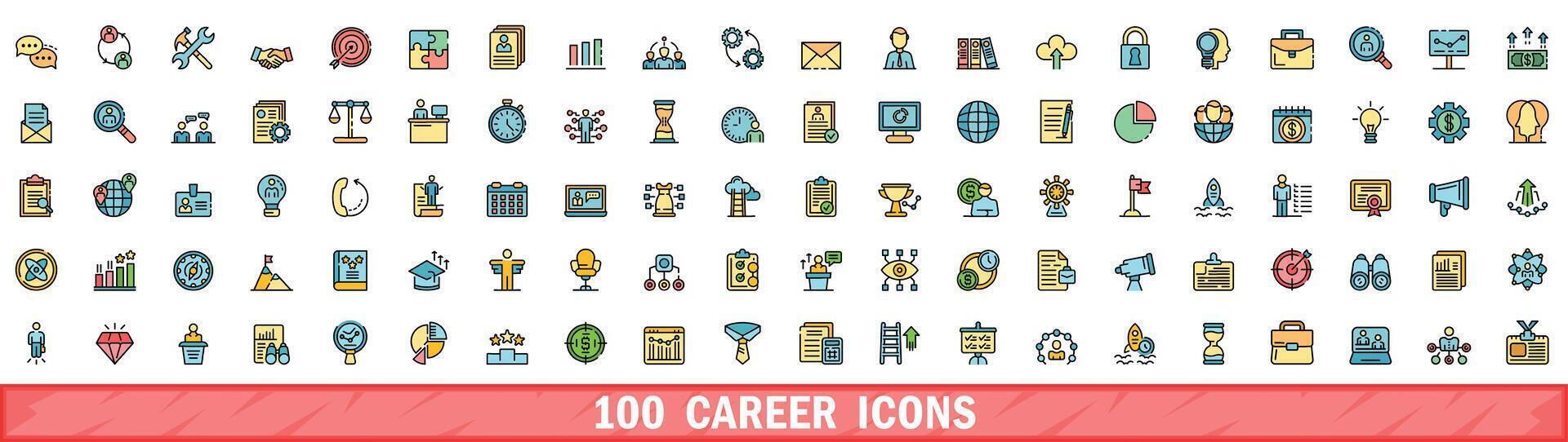 100 career icons set, color line style vector