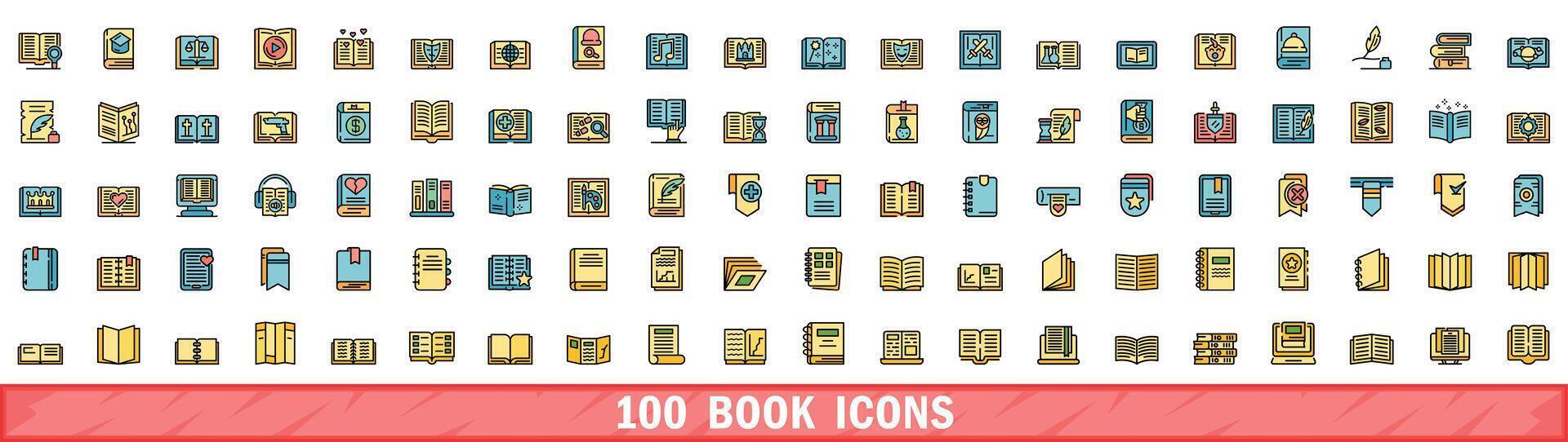 100 book icons set, color line style vector