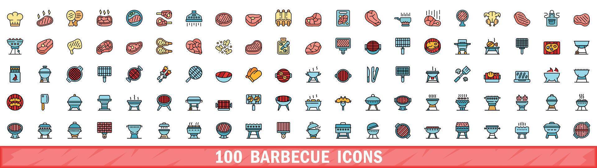 100 barbecue icons set, color line style vector
