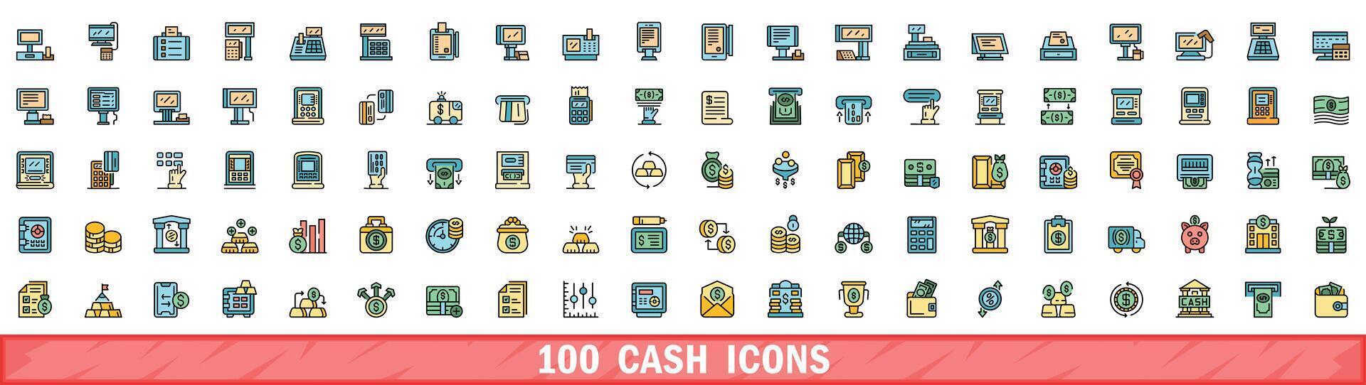 100 cash icons set, color line style vector
