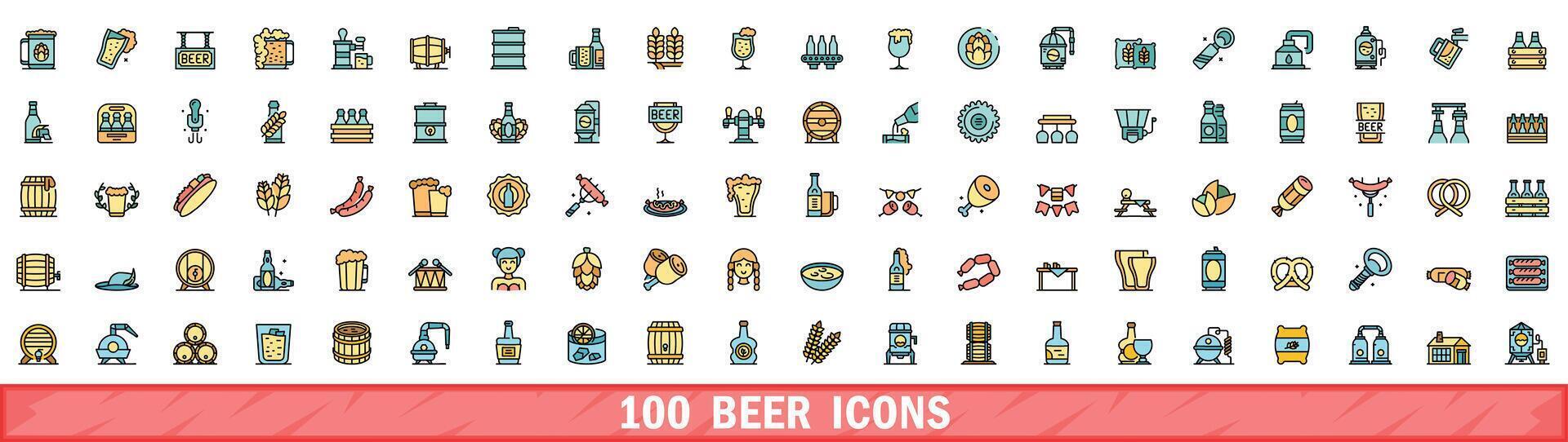 100 beer icons set, color line style vector