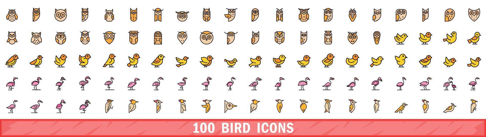 100 bird icons set, color line style vector