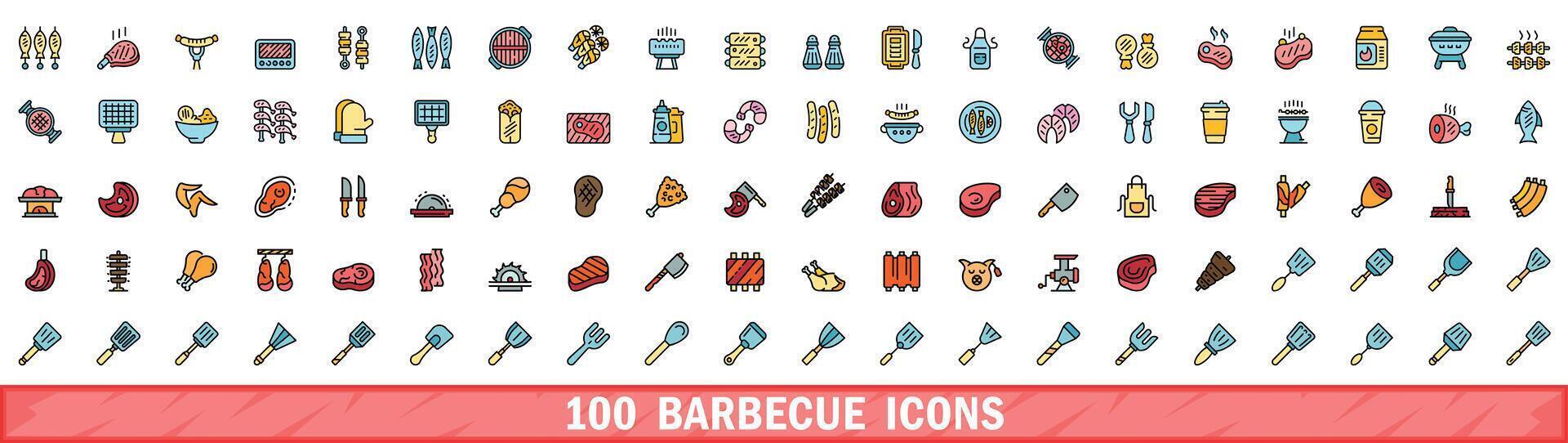 100 barbecue icons set, color line style vector