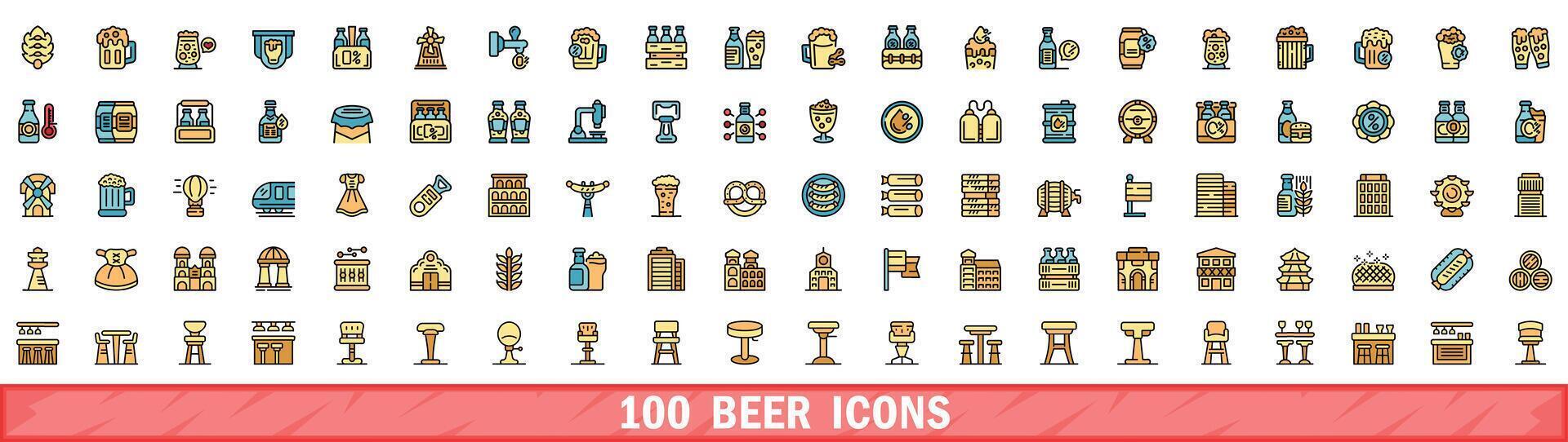 100 beer icons set, color line style vector