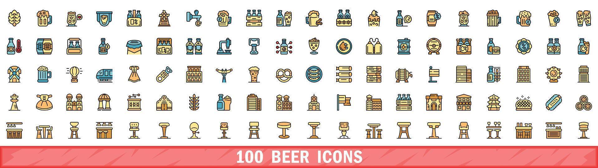 100 cerveza íconos colocar, color línea estilo vector