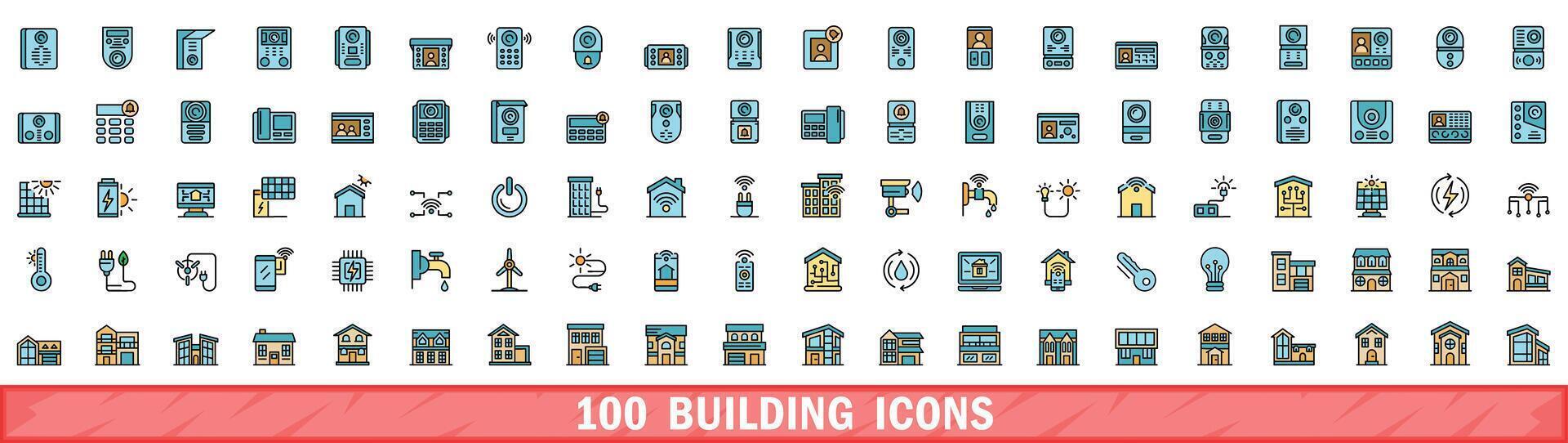 100 building icons set, color line style vector