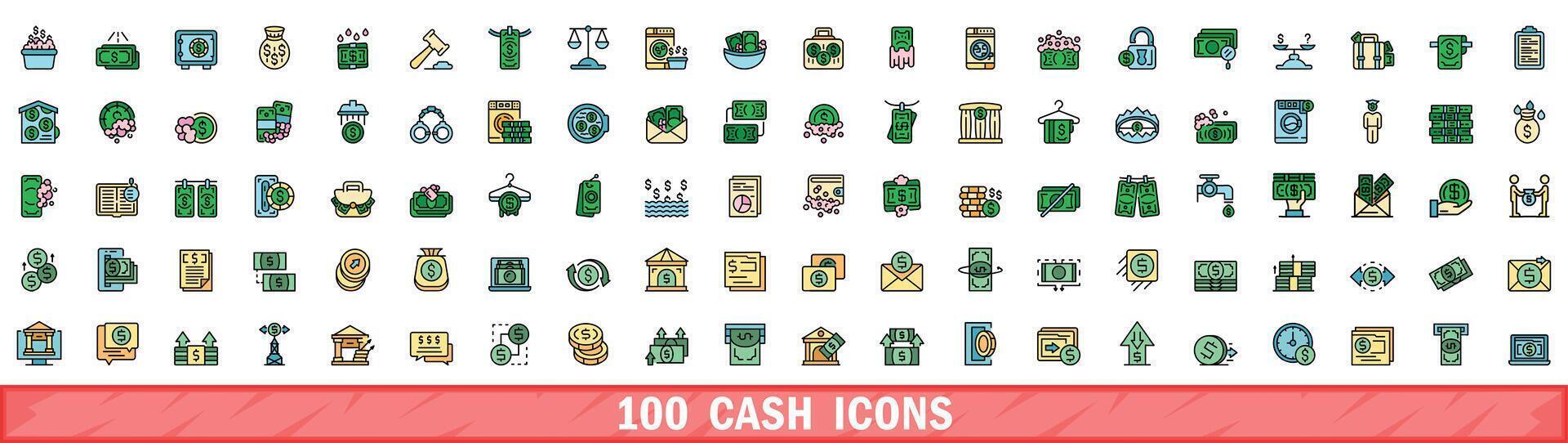 100 cash icons set, color line style vector