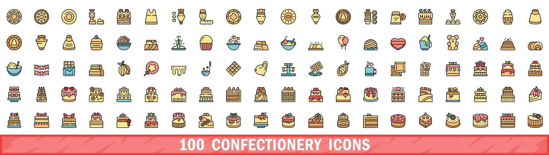 100 confectionery icons set, color line style vector