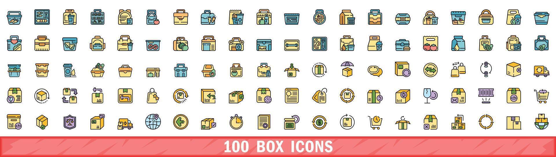 100 box icons set, color line style vector