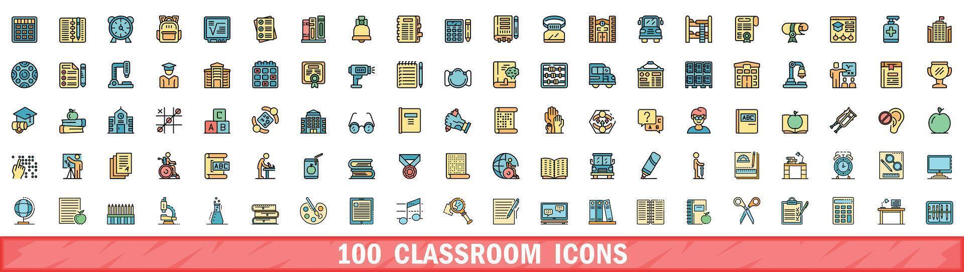 100 classroom icons set, color line style vector