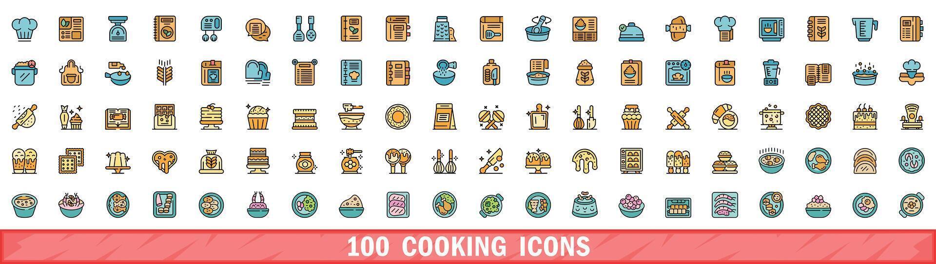 100 cooking icons set, color line style vector