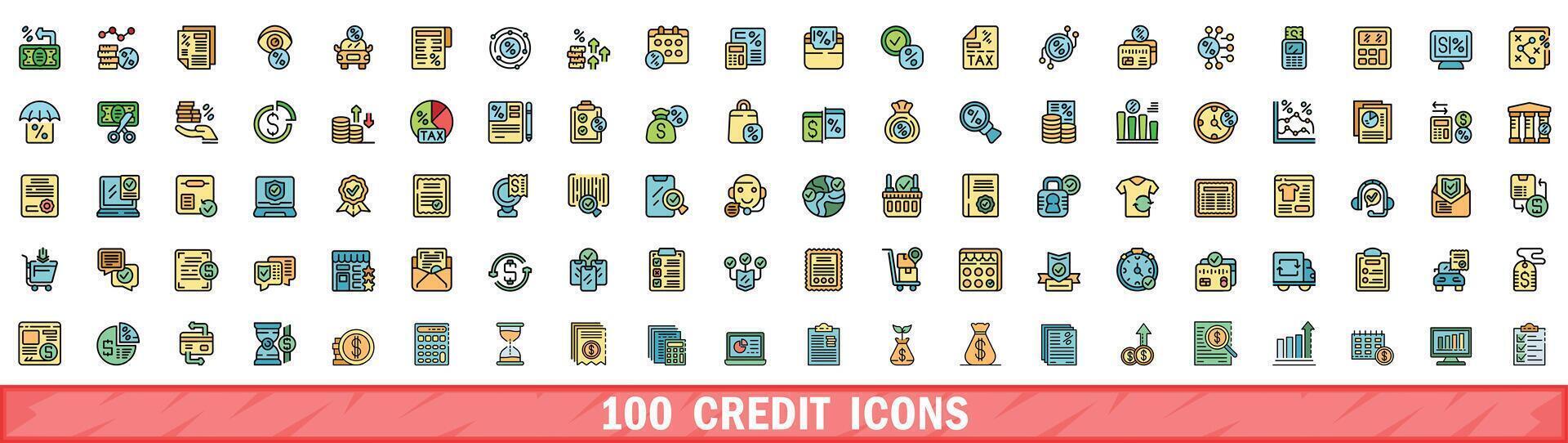 100 credit icons set, color line style vector