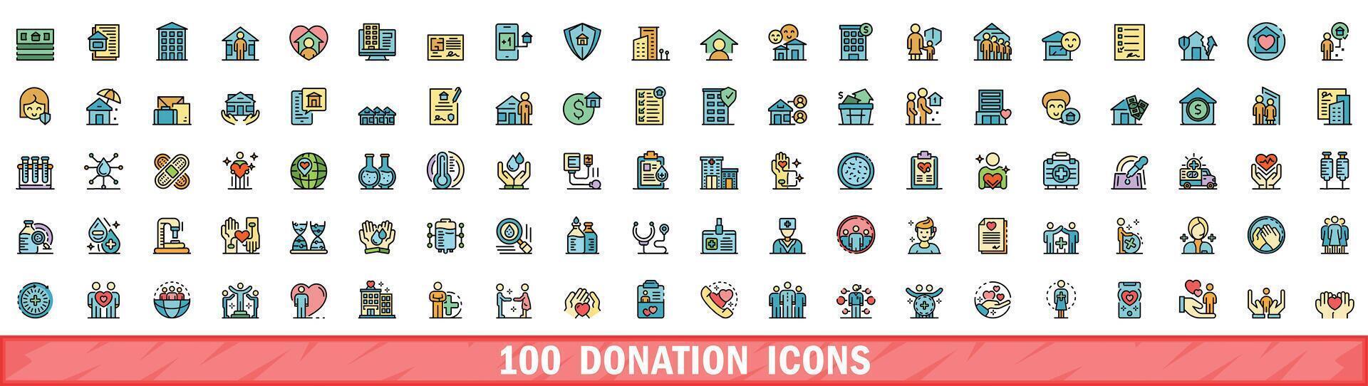 100 donation icons set, color line style vector