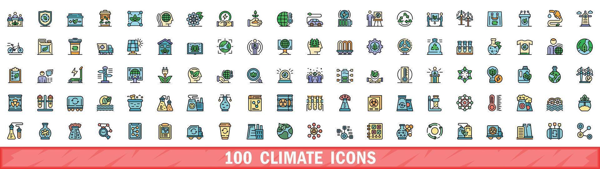 100 climate icons set, color line style vector