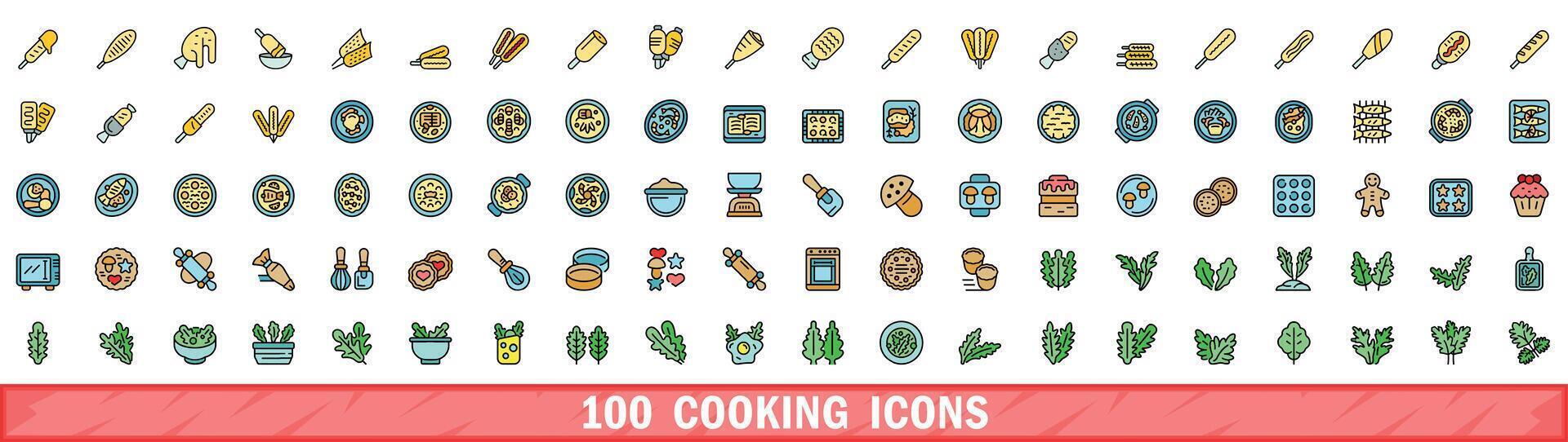 100 cooking icons set, color line style vector