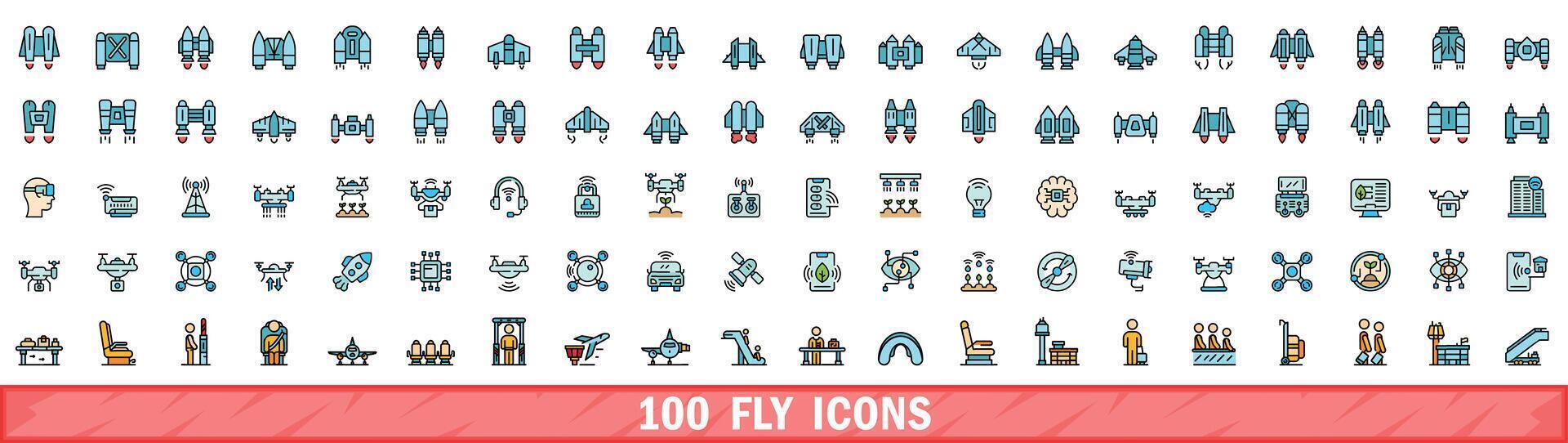 100 fly icons set, color line style vector