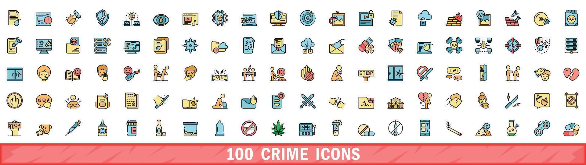 100 crime icons set, color line style vector