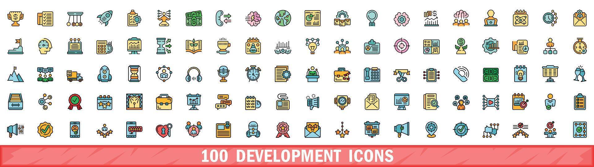 100 development icons set, color line style vector
