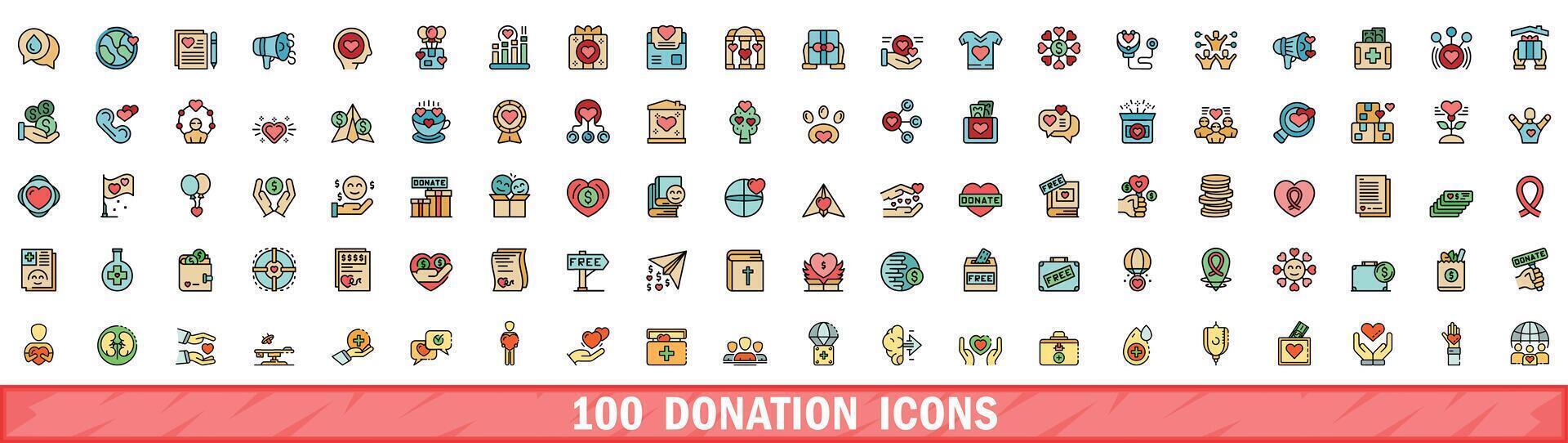 100 donation icons set, color line style vector