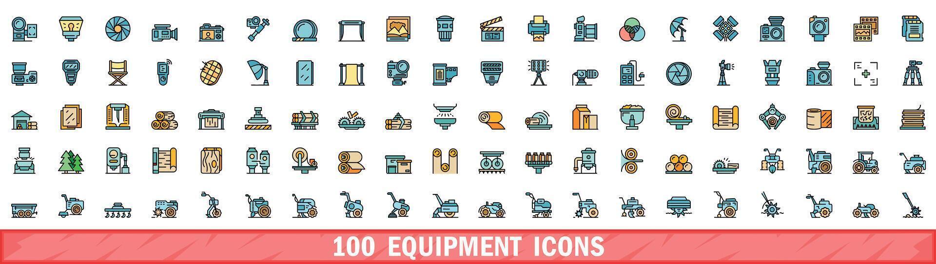 100 equipment icons set, color line style vector